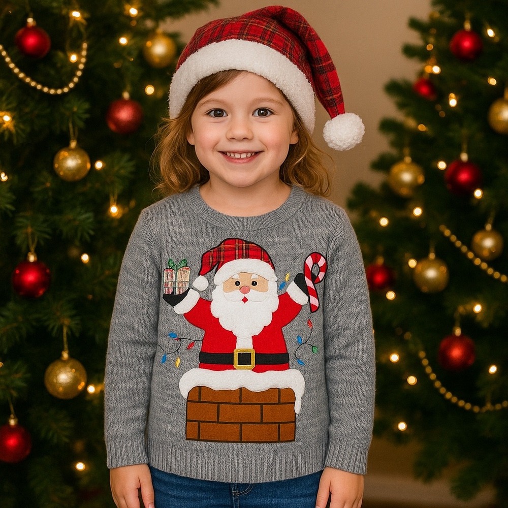 Holiday Time Kids Santa in Chimney Sweater Gray Size S 4-6 Christmas Lights